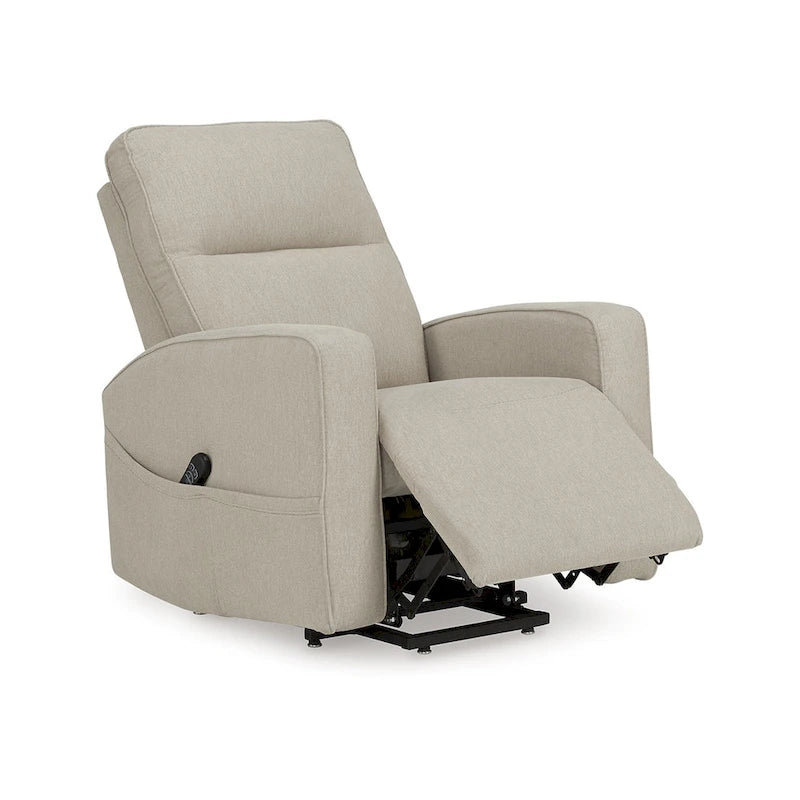 Fauteuil inclinable électrique réglable en hauteur, tissu polyester gris fumé, coussins en mousse