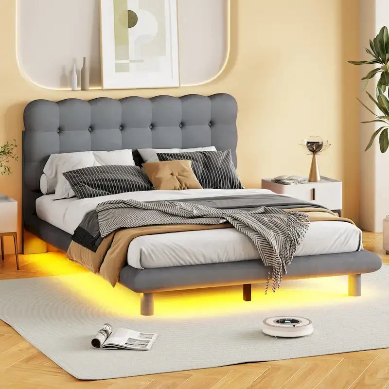 Cadre de lit plateforme en velours capitonné