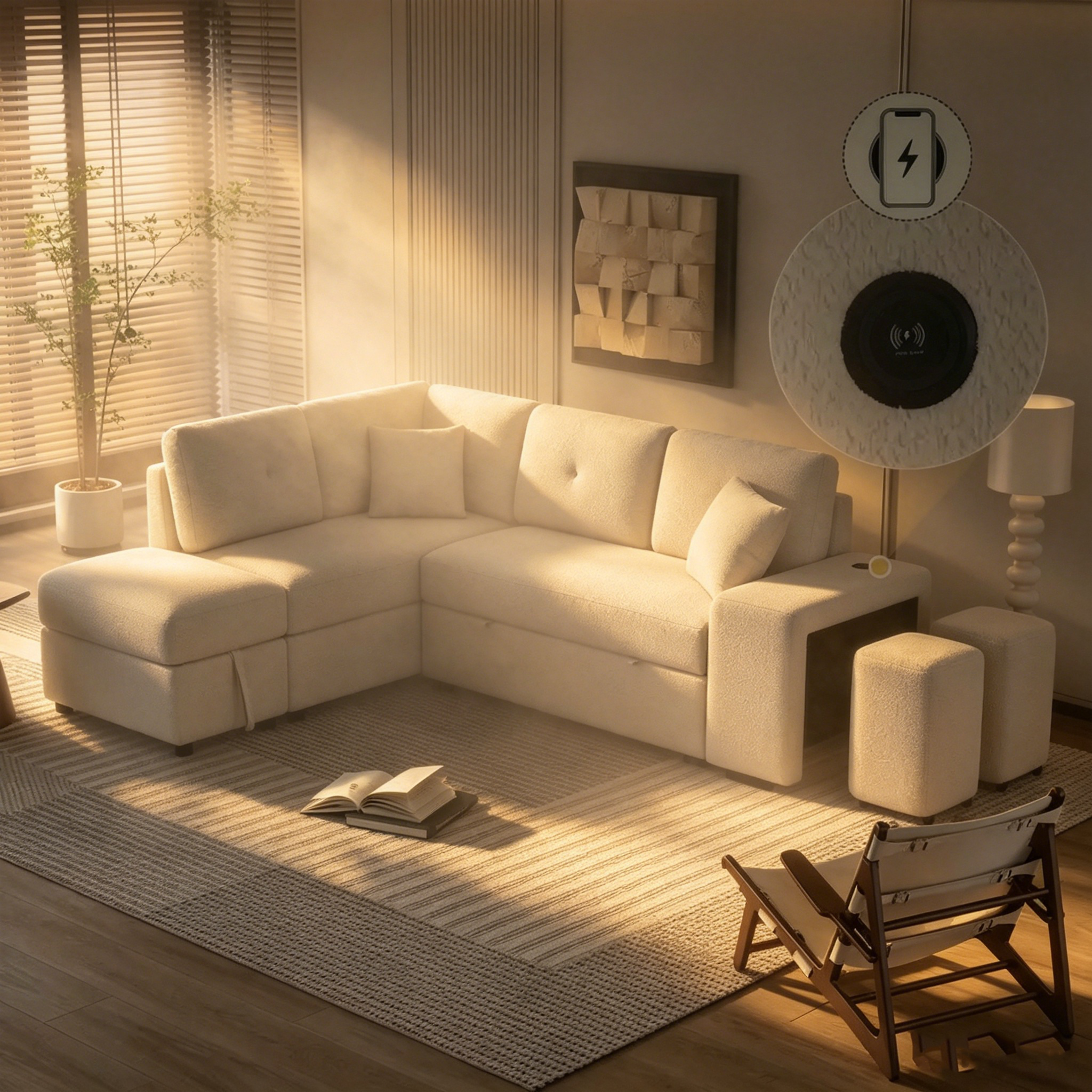 Canapé-lit avec pouf de rangement, peut être converti en lit de salon.