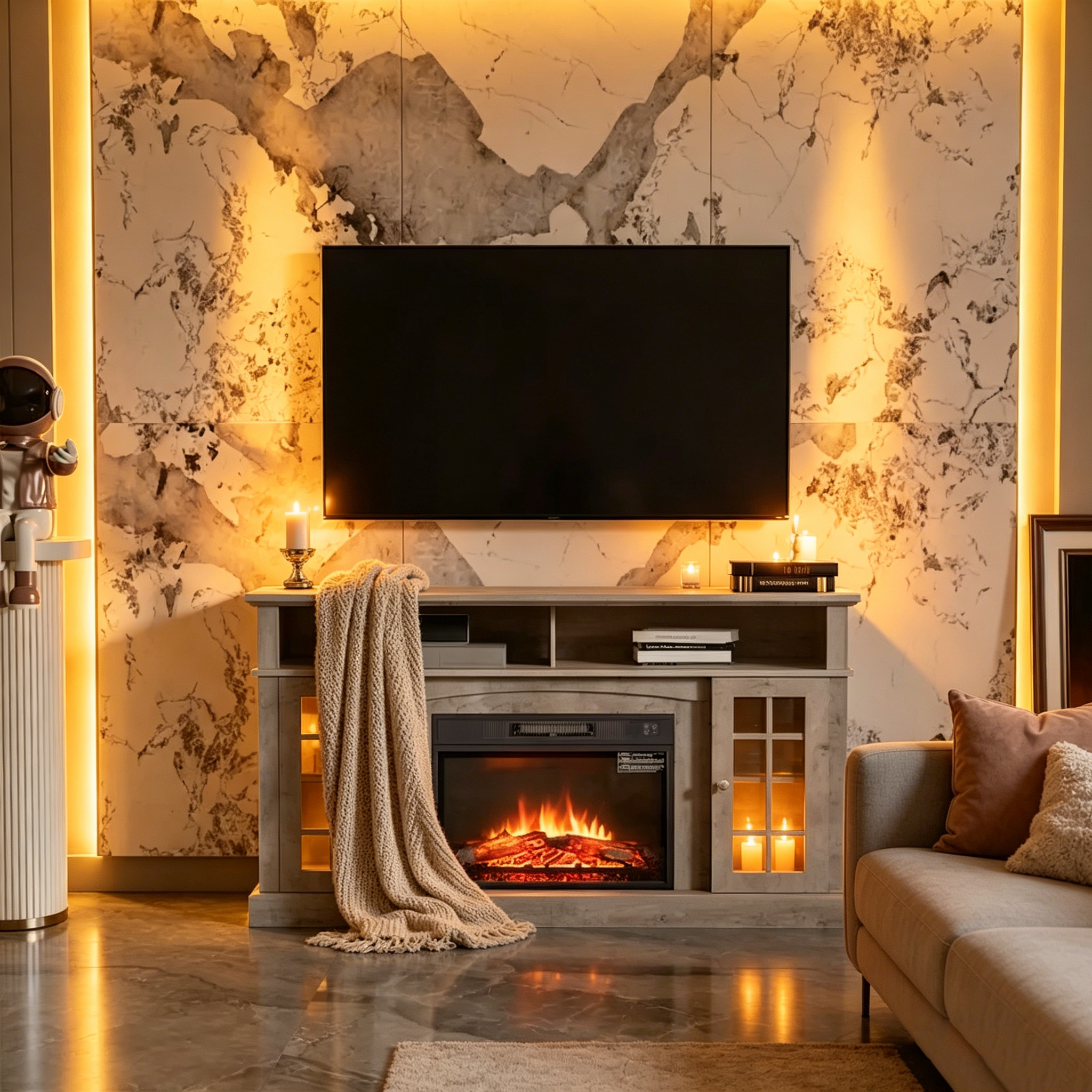 Meuble télé avec cheminée électrique et télécommande