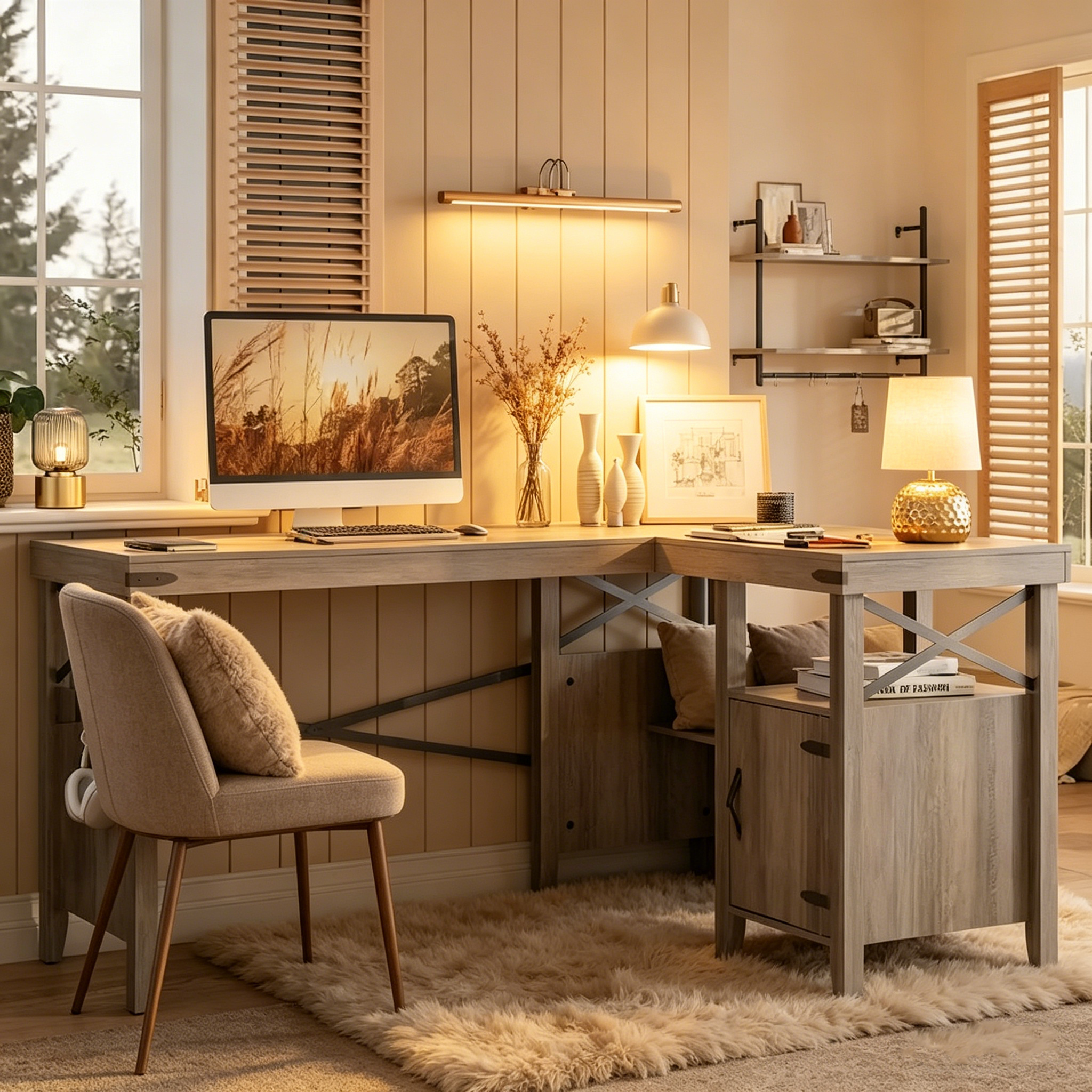 Bureau d'ordinateur en L pour bureau à domicile de style ferme avec armoire de rangement