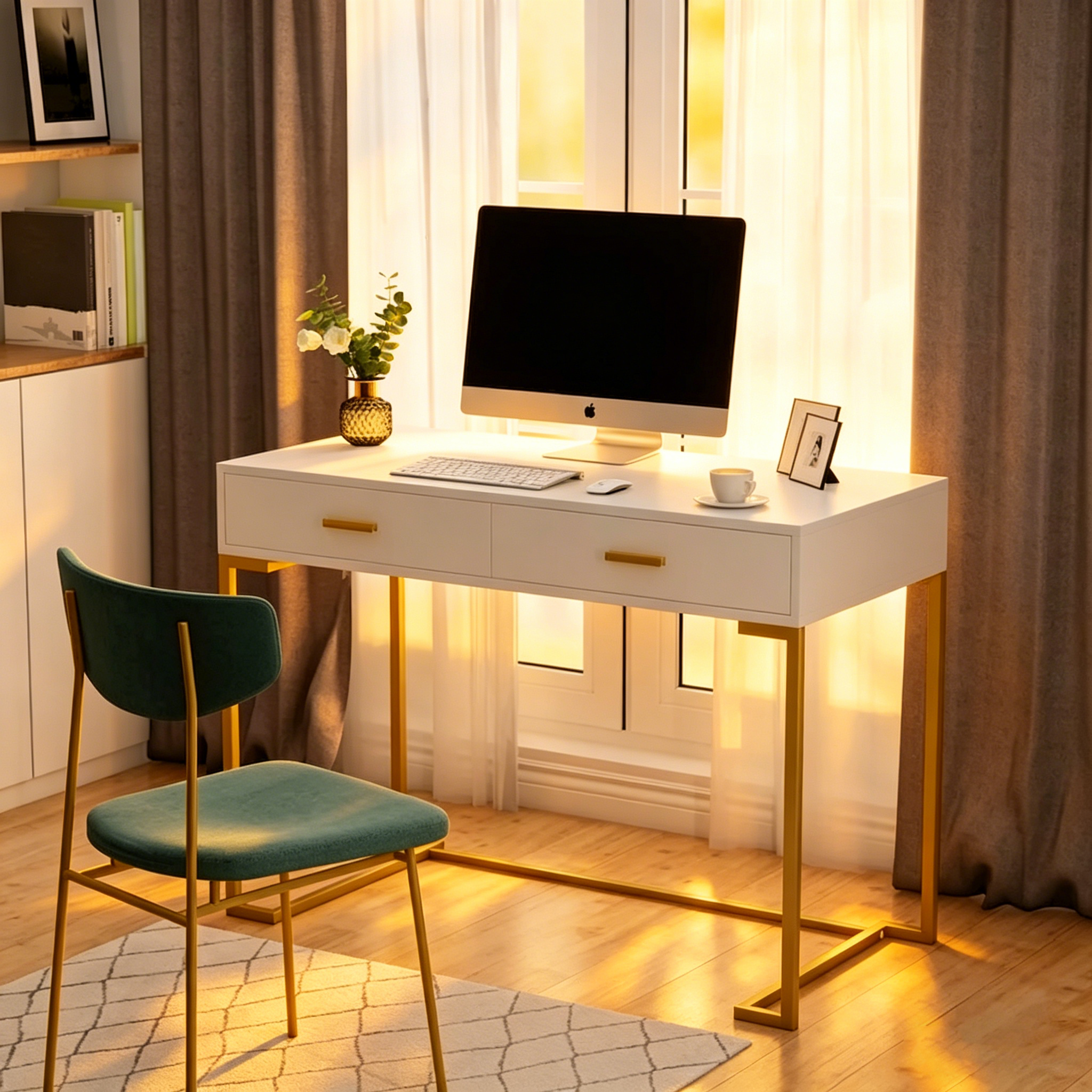 Bureau informatique blanc et doré de 100 cm avec 2 tiroirs