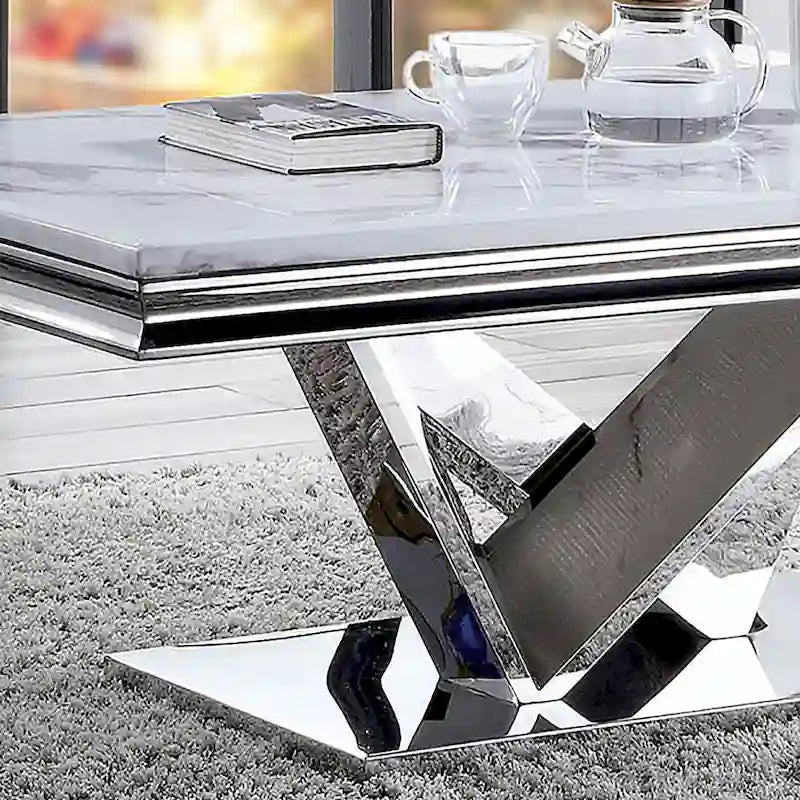 Table basse de 51 pouces avec plateau en similicuir marbre et base chromée