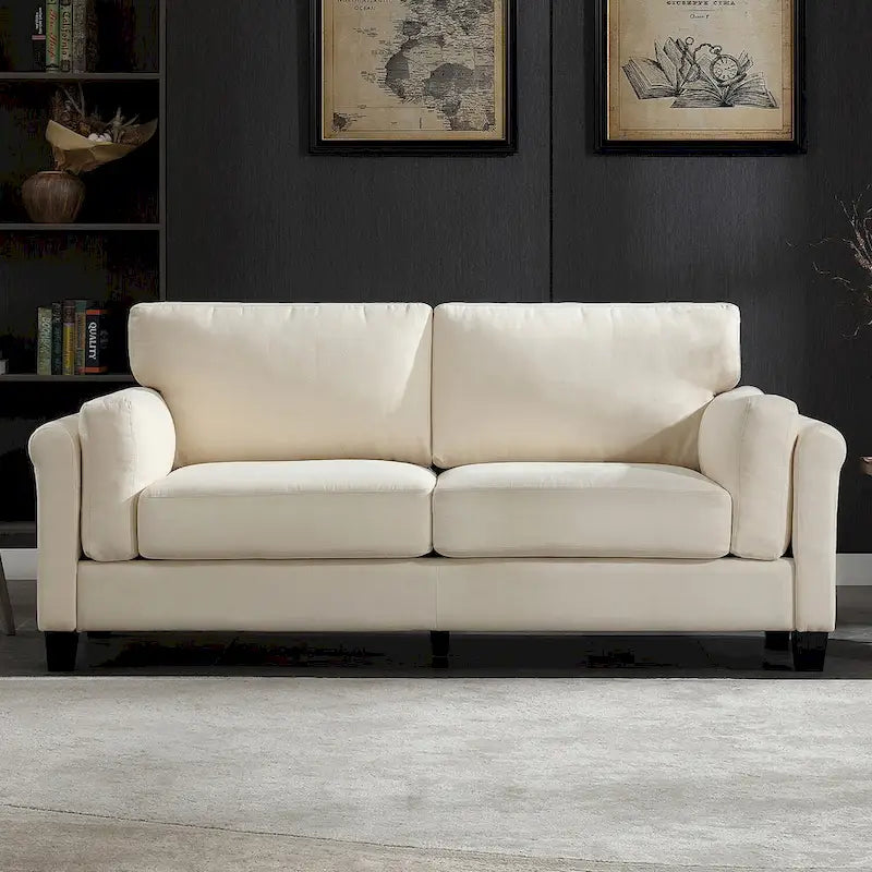 Canapé double accoudoir moderne, assise profonde, dossier avec coussins
