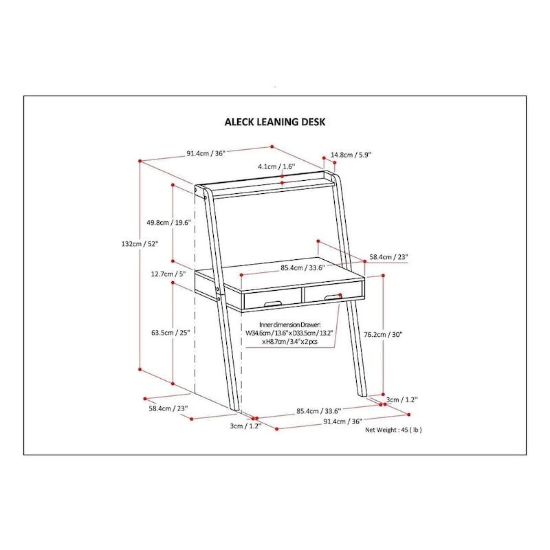 Bureau inclinable moderne en bois massif de 36 pouces de large