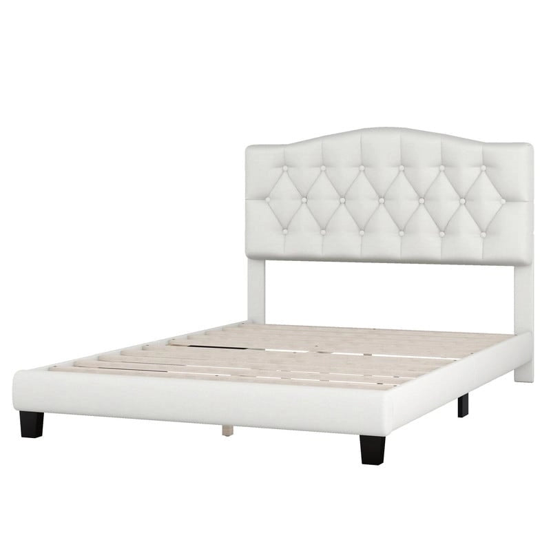 Lit plateforme en lin beige de grande taille
