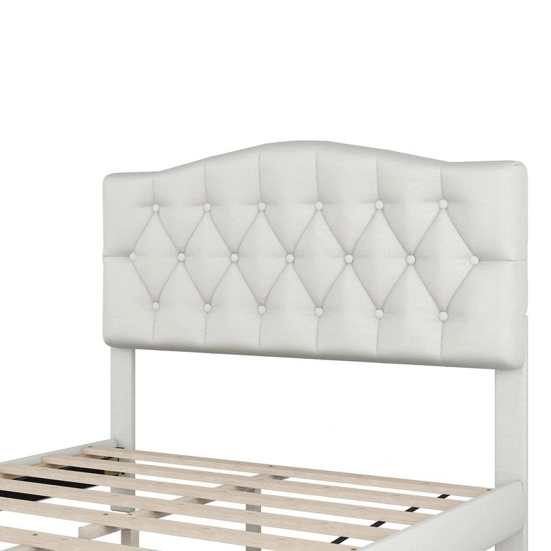 Lit plateforme en lin beige de grande taille