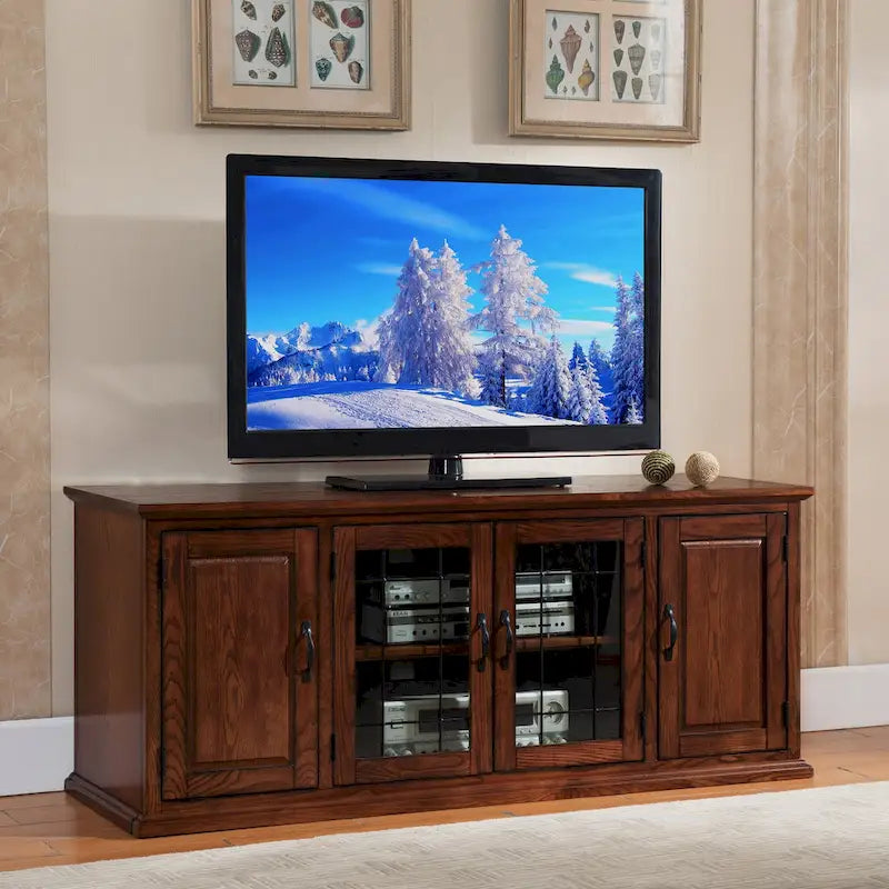 Meuble TV en chêne poli et verre cathédrale