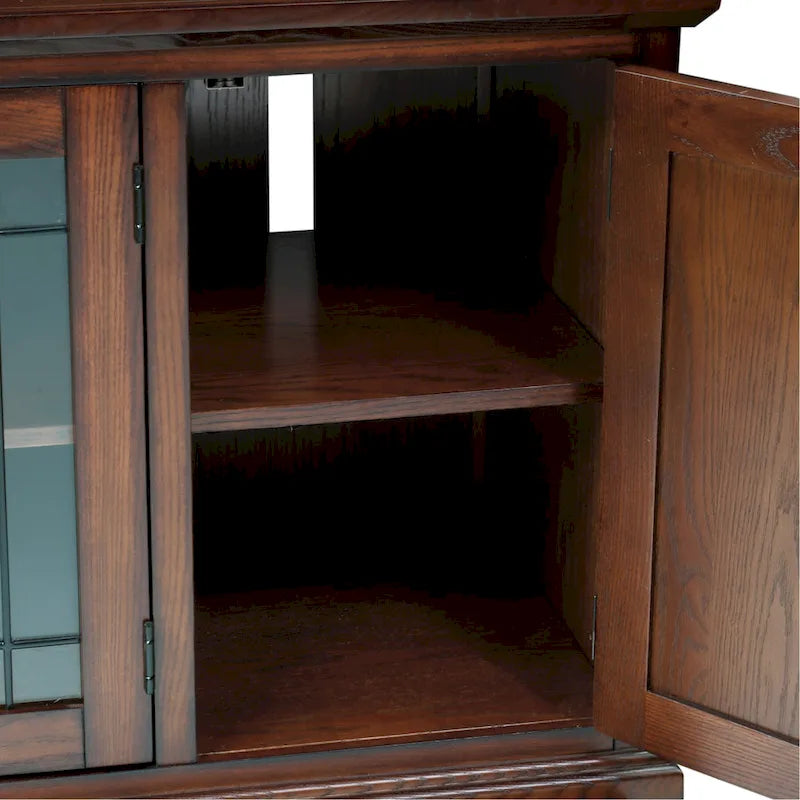 Meuble TV en chêne poli et verre cathédrale