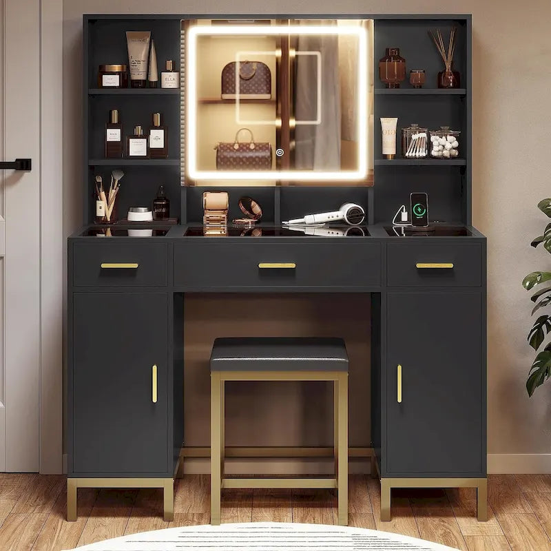Coiffeuse avec éclairage, plateau en verre disponible en trois coloris