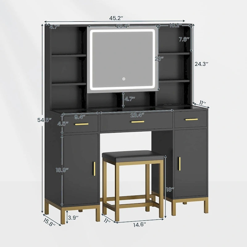 Coiffeuse avec éclairage, plateau en verre disponible en trois coloris