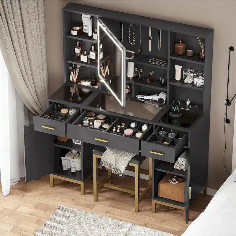 Coiffeuse avec éclairage, plateau en verre disponible en trois coloris