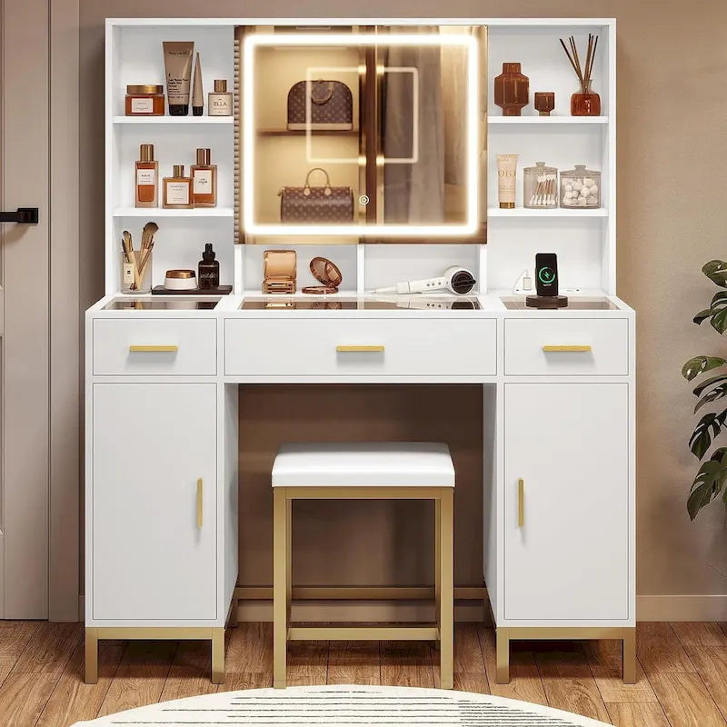 Coiffeuse avec éclairage, plateau en verre disponible en trois coloris