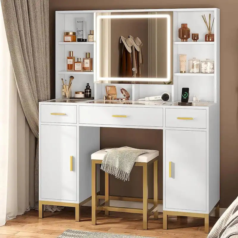 Coiffeuse avec éclairage, plateau en verre disponible en trois coloris