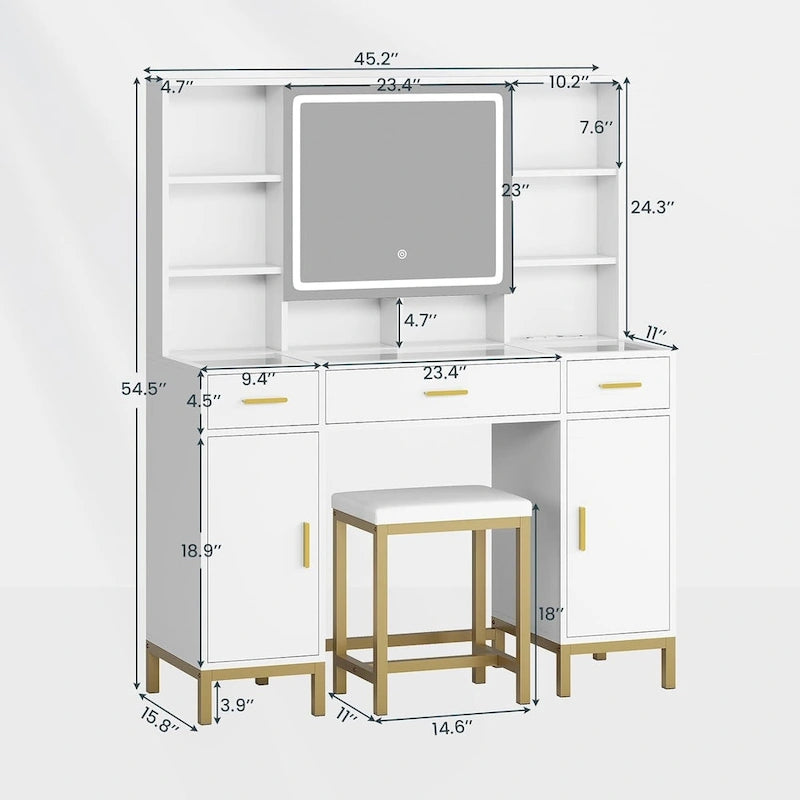 Coiffeuse avec éclairage, plateau en verre disponible en trois coloris