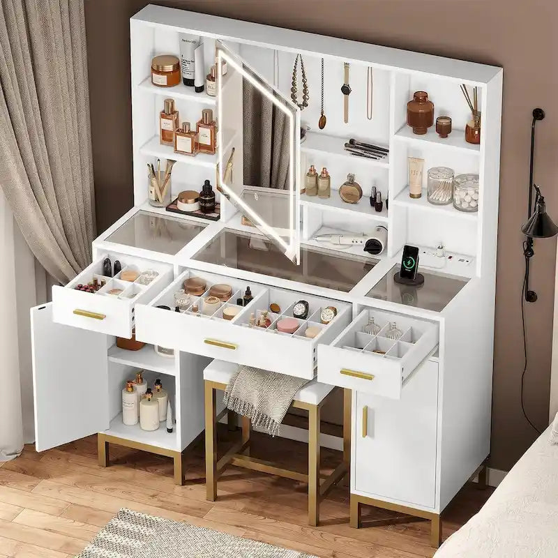 Coiffeuse avec éclairage, plateau en verre disponible en trois coloris