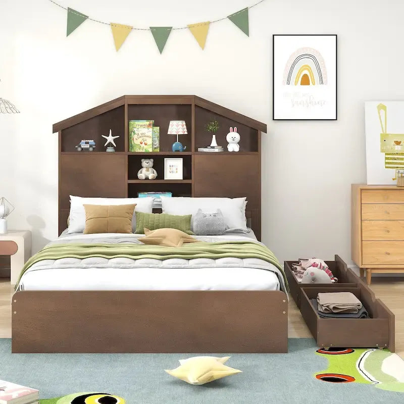 Lit plateforme en bois avec tête de lit de rangement en forme de maison et 2 tiroirs