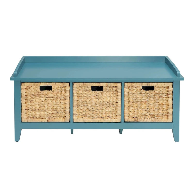 #43 Banc de rangement en bois massif bleu-vert avec tiroirs