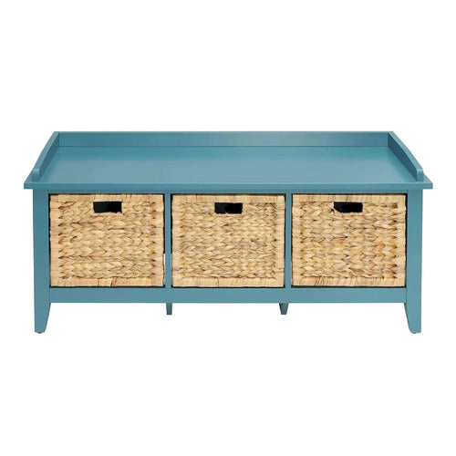 #43 Banc de rangement en bois massif bleu-vert avec tiroirs