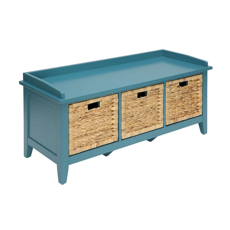 #43 Banc de rangement en bois massif bleu-vert avec tiroirs