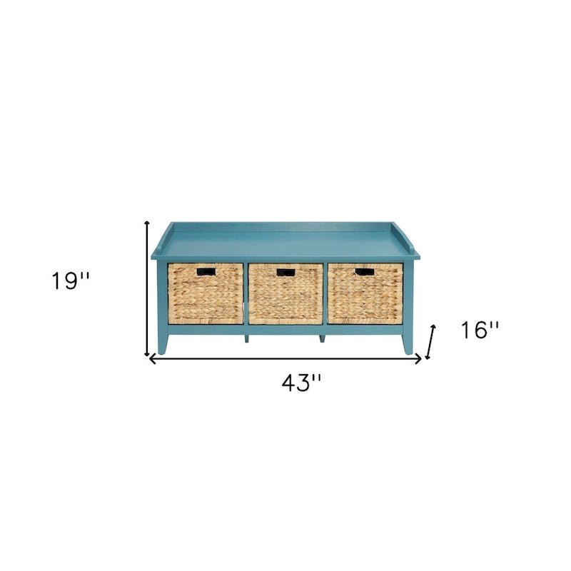 #43 Banc de rangement en bois massif bleu-vert avec tiroirs