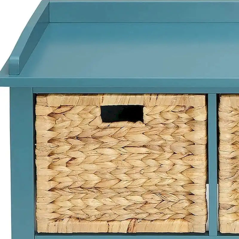 #43 Banc de rangement en bois massif bleu-vert avec tiroirs