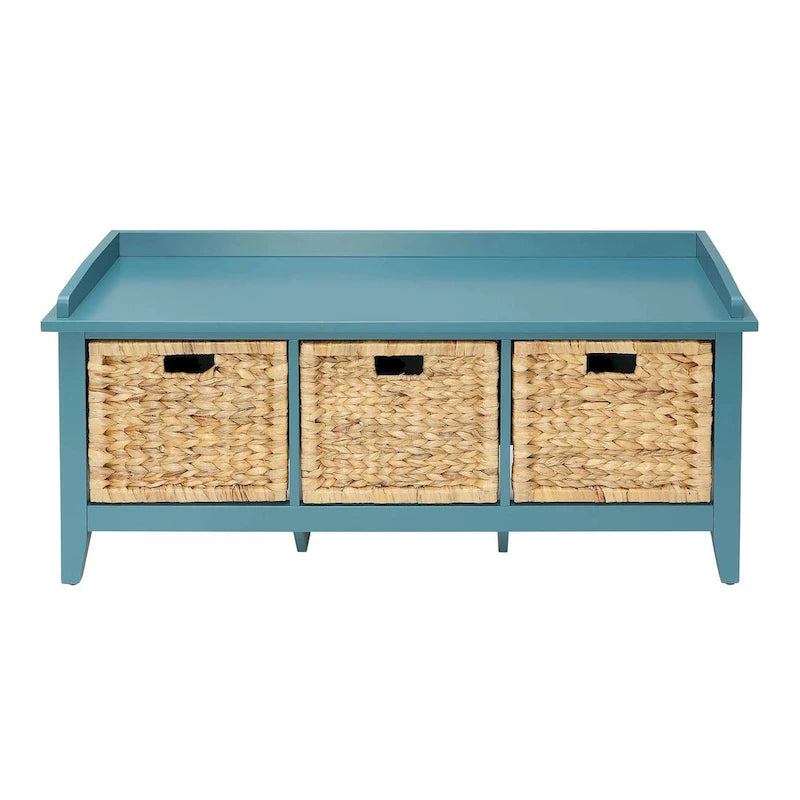 #43 Banc de rangement en bois massif bleu-vert avec tiroirs