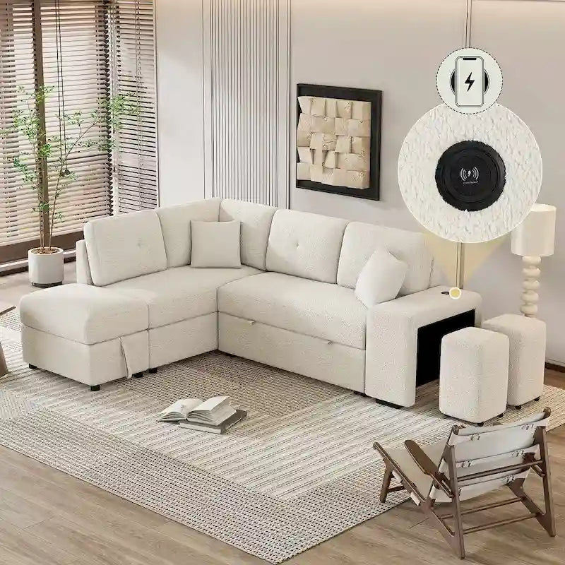Canapé-lit avec pouf de rangement, peut être converti en lit de salon.