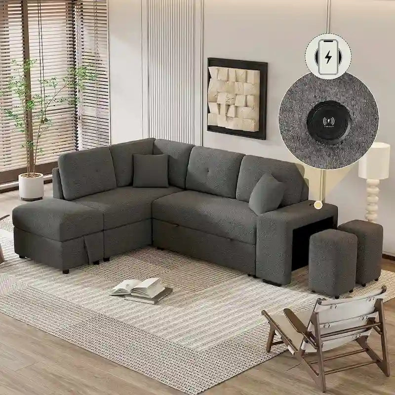 Canapé-lit avec pouf de rangement, peut être converti en lit de salon.