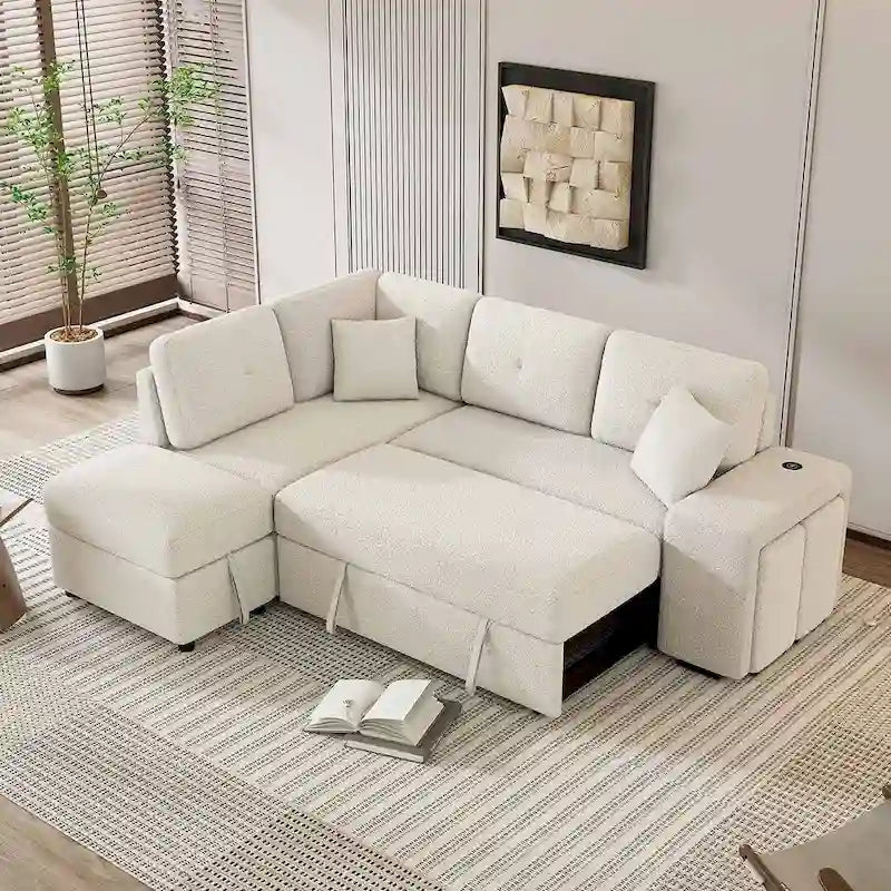 Canapé-lit avec pouf de rangement, peut être converti en lit de salon.