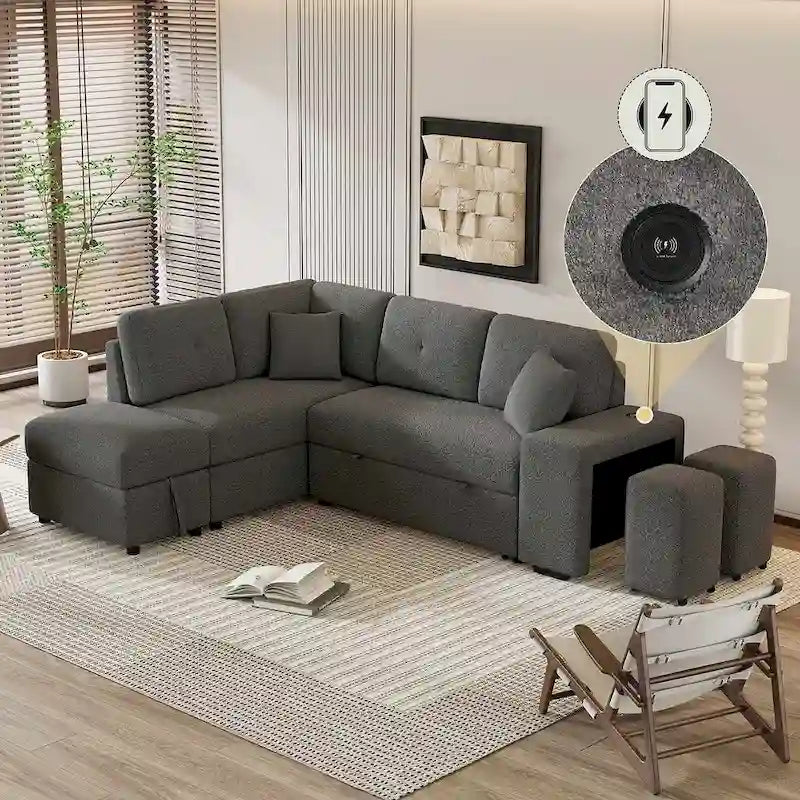 Canapé-lit avec pouf de rangement, peut être converti en lit de salon.