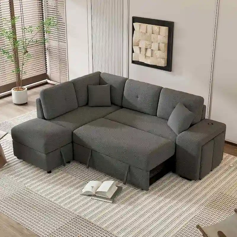Canapé-lit avec pouf de rangement, peut être converti en lit de salon.