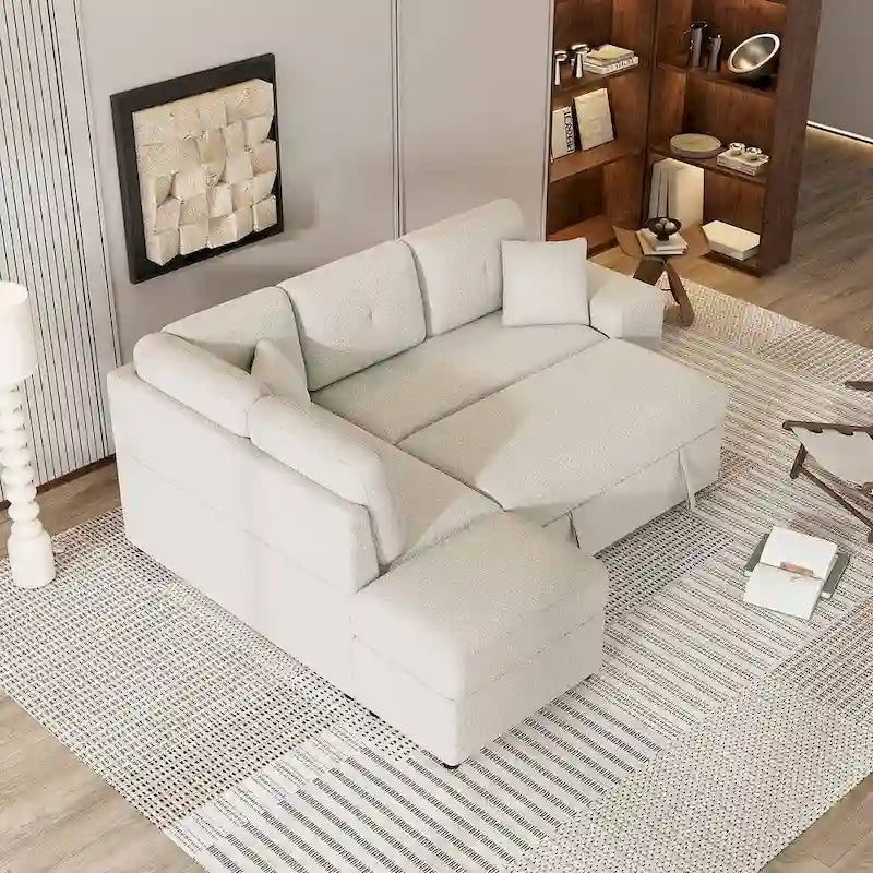 Canapé-lit avec pouf de rangement, peut être converti en lit de salon.