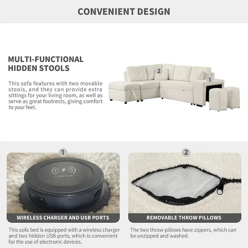 Canapé-lit avec pouf de rangement, peut être converti en lit de salon.