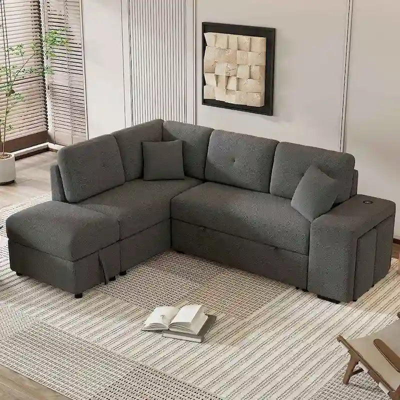 Canapé-lit avec pouf de rangement, peut être converti en lit de salon.