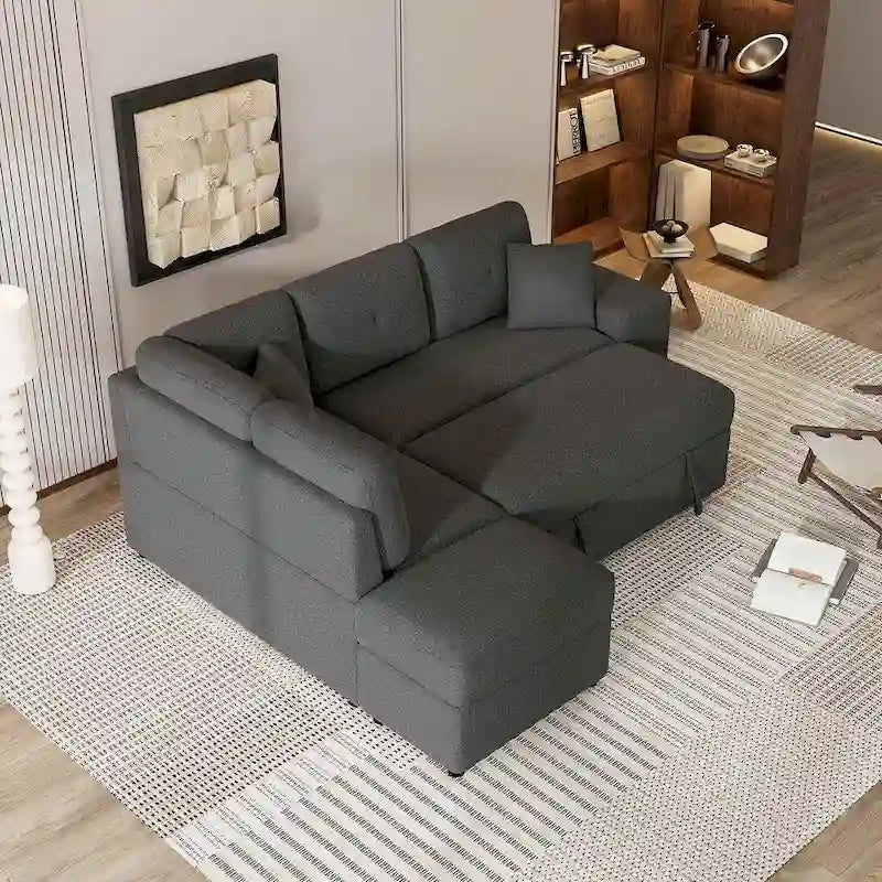 Canapé-lit avec pouf de rangement, peut être converti en lit de salon.