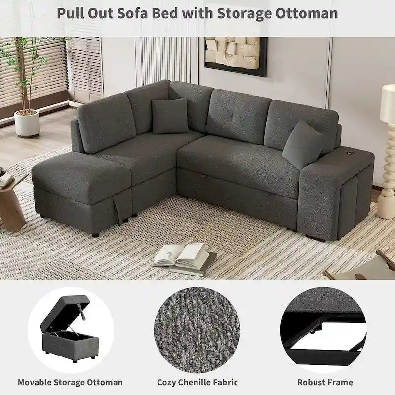 Canapé-lit avec pouf de rangement, peut être converti en lit de salon.