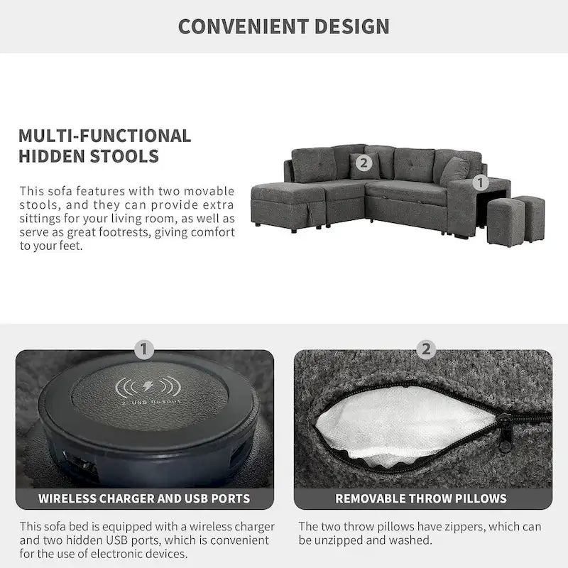 Canapé-lit avec pouf de rangement, peut être converti en lit de salon.
