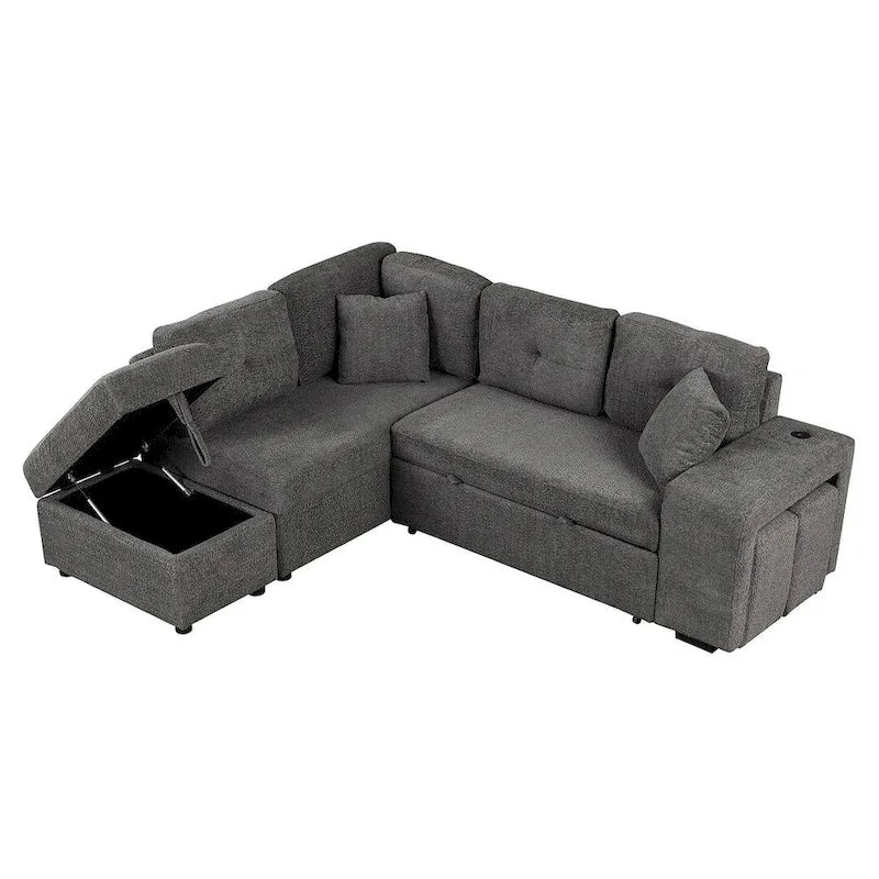 Canapé-lit avec pouf de rangement, peut être converti en lit de salon.