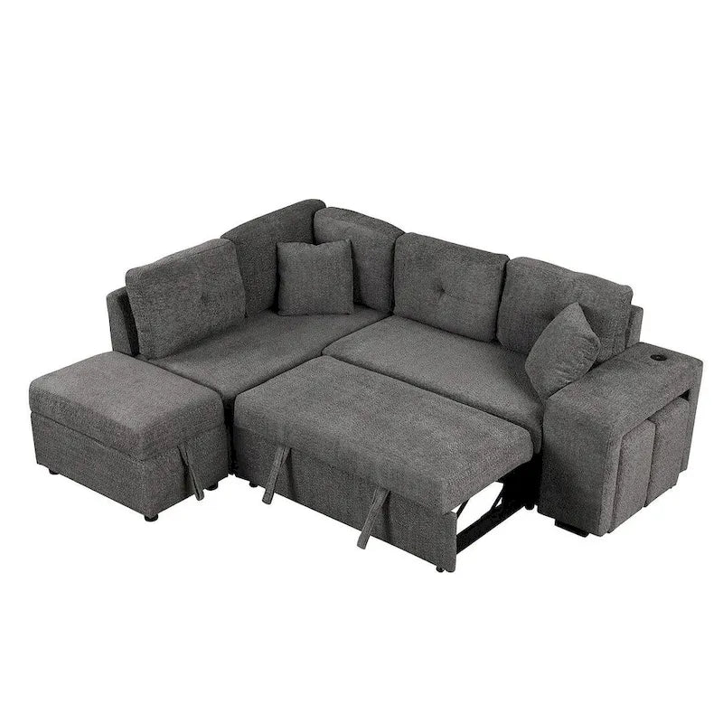 Canapé-lit avec pouf de rangement, peut être converti en lit de salon.