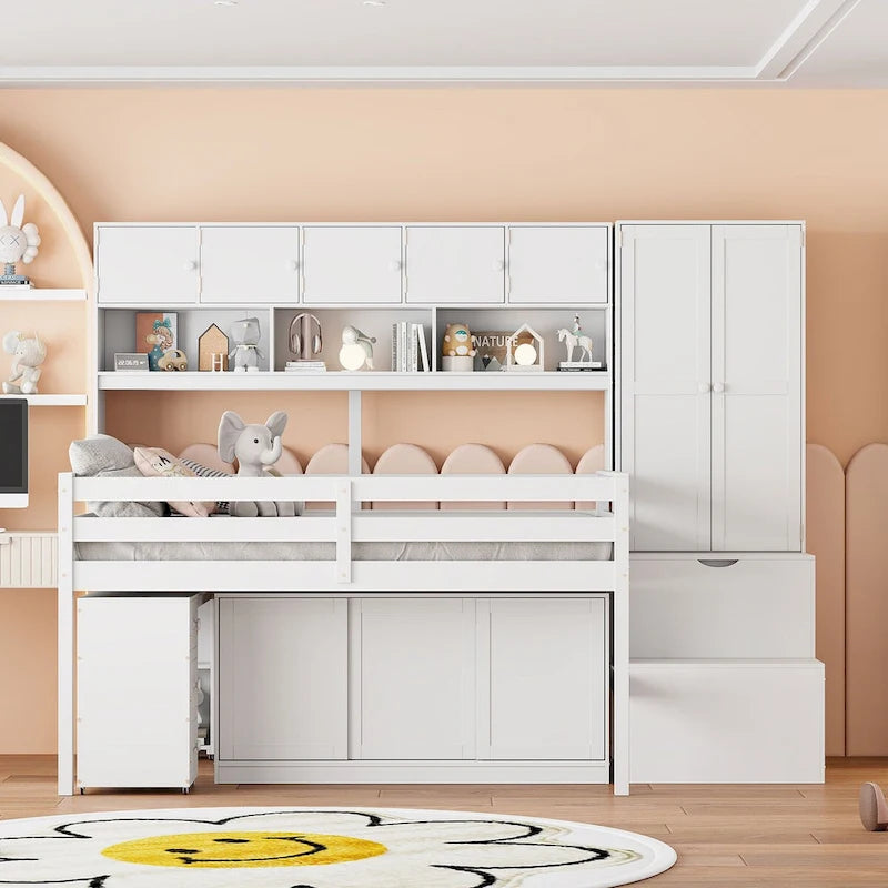 Lit mezzanine en bois avec de nombreux rangements et un bureau intégré