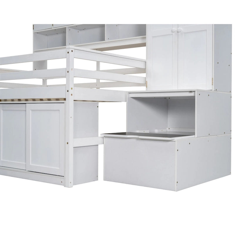 Lit mezzanine en bois avec de nombreux rangements et un bureau intégré
