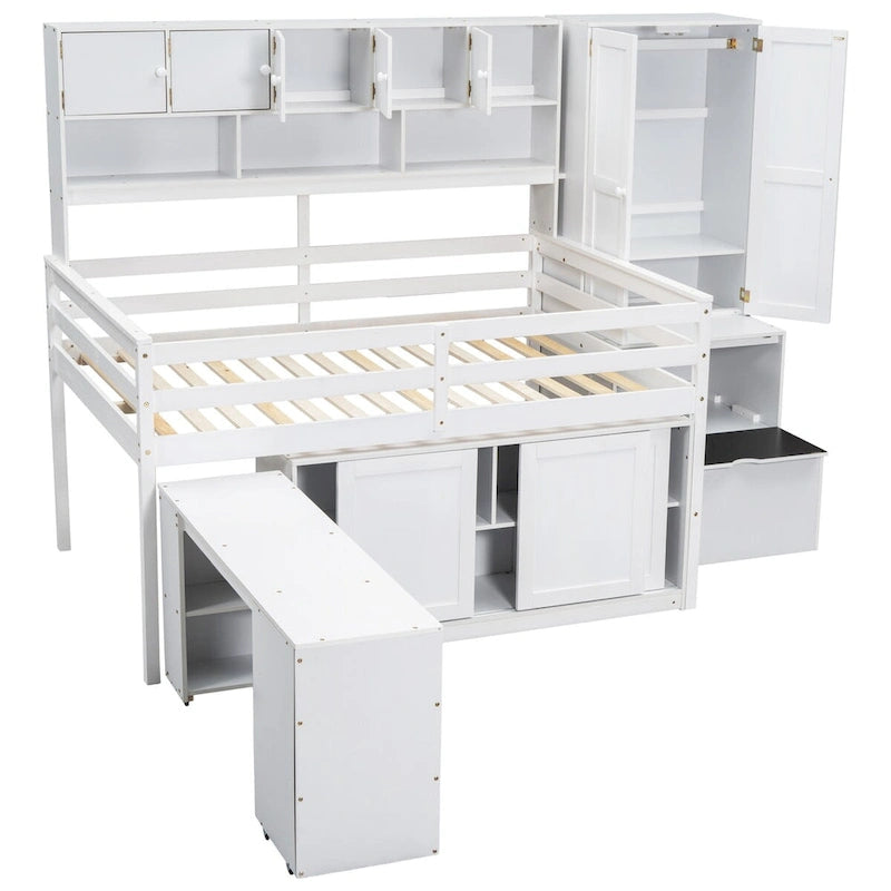 Lit mezzanine en bois avec de nombreux rangements et un bureau intégré