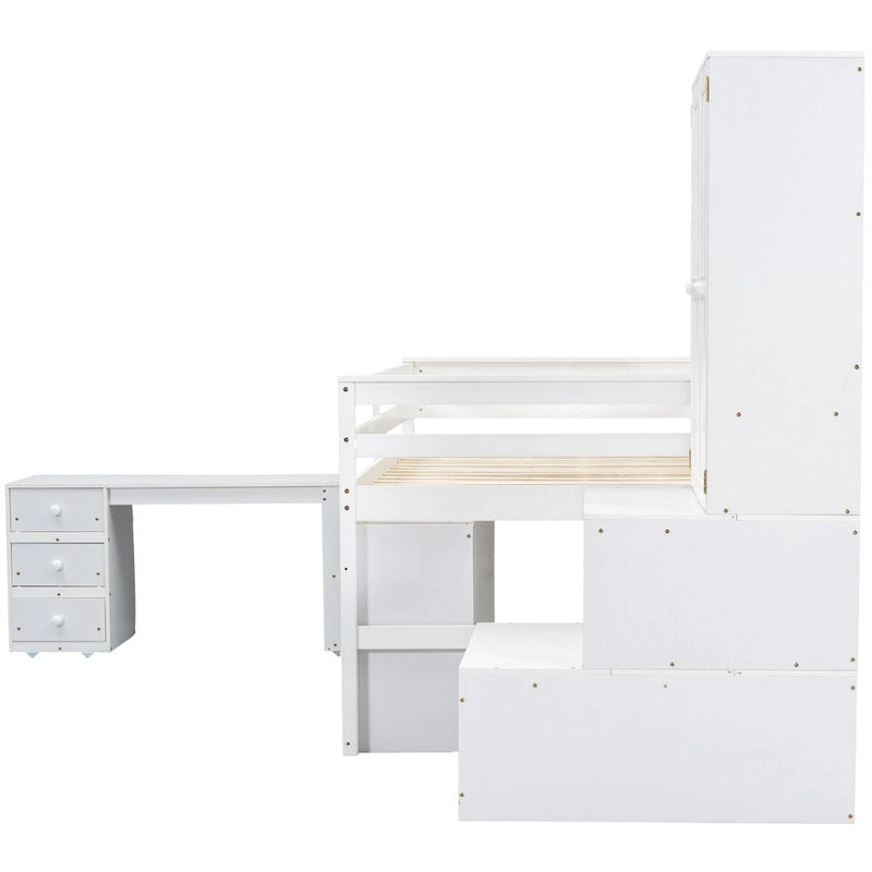 Lit mezzanine en bois avec de nombreux rangements et un bureau intégré