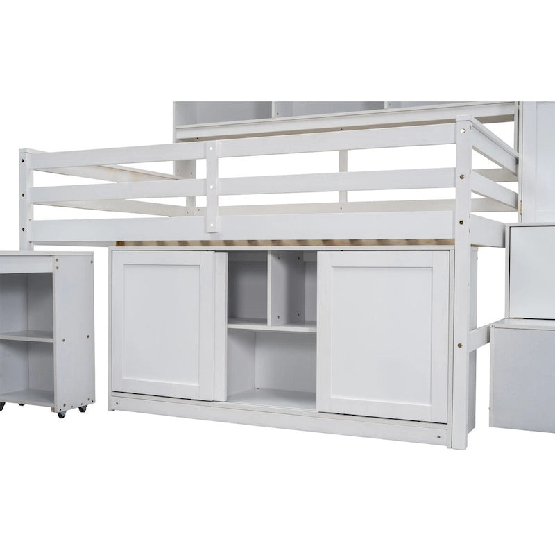 Lit mezzanine en bois avec de nombreux rangements et un bureau intégré