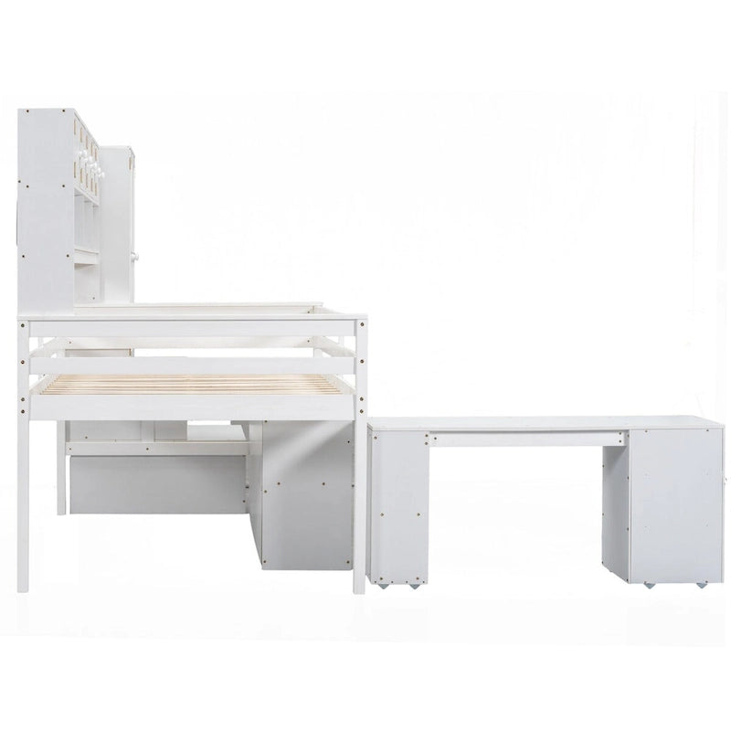 Lit mezzanine en bois avec de nombreux rangements et un bureau intégré