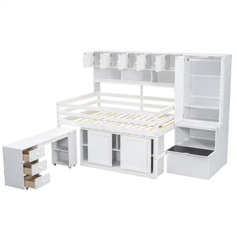 Lit mezzanine en bois avec de nombreux rangements et un bureau intégré