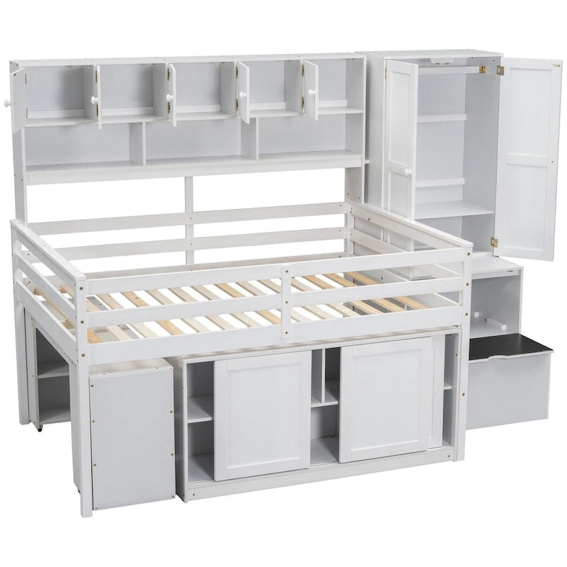 Lit mezzanine en bois avec de nombreux rangements et un bureau intégré