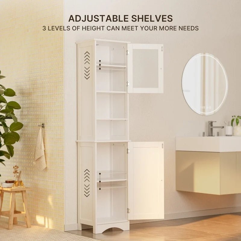 Portes et étagères ouvertes d'un meuble de salle de bain autoportant, étroit et haut