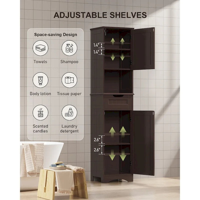 Portes et étagères ouvertes d'un meuble de salle de bain autoportant, étroit et haut
